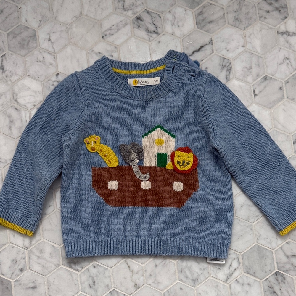 Baby Boden Blue Sweater with Animal and Boat Design